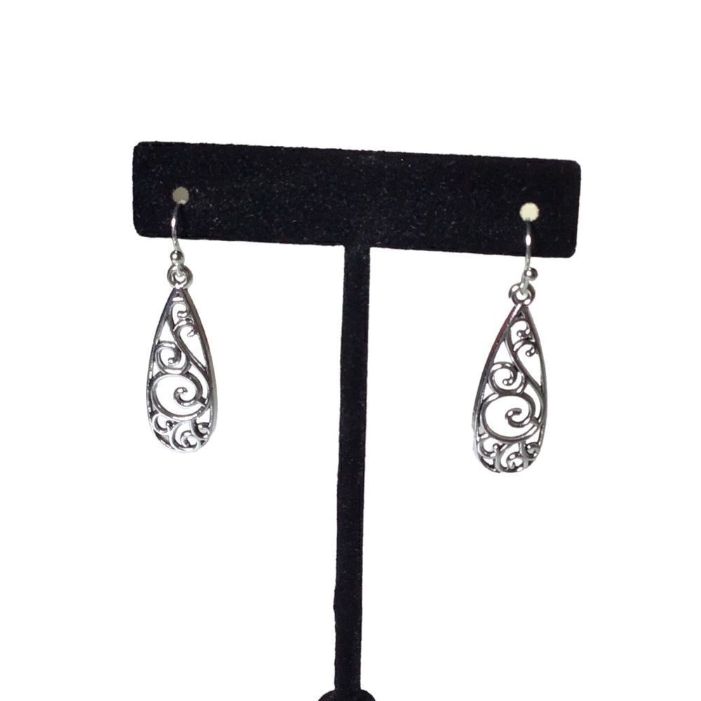 Carved Pattern Silver Tone Teardrop Earrings